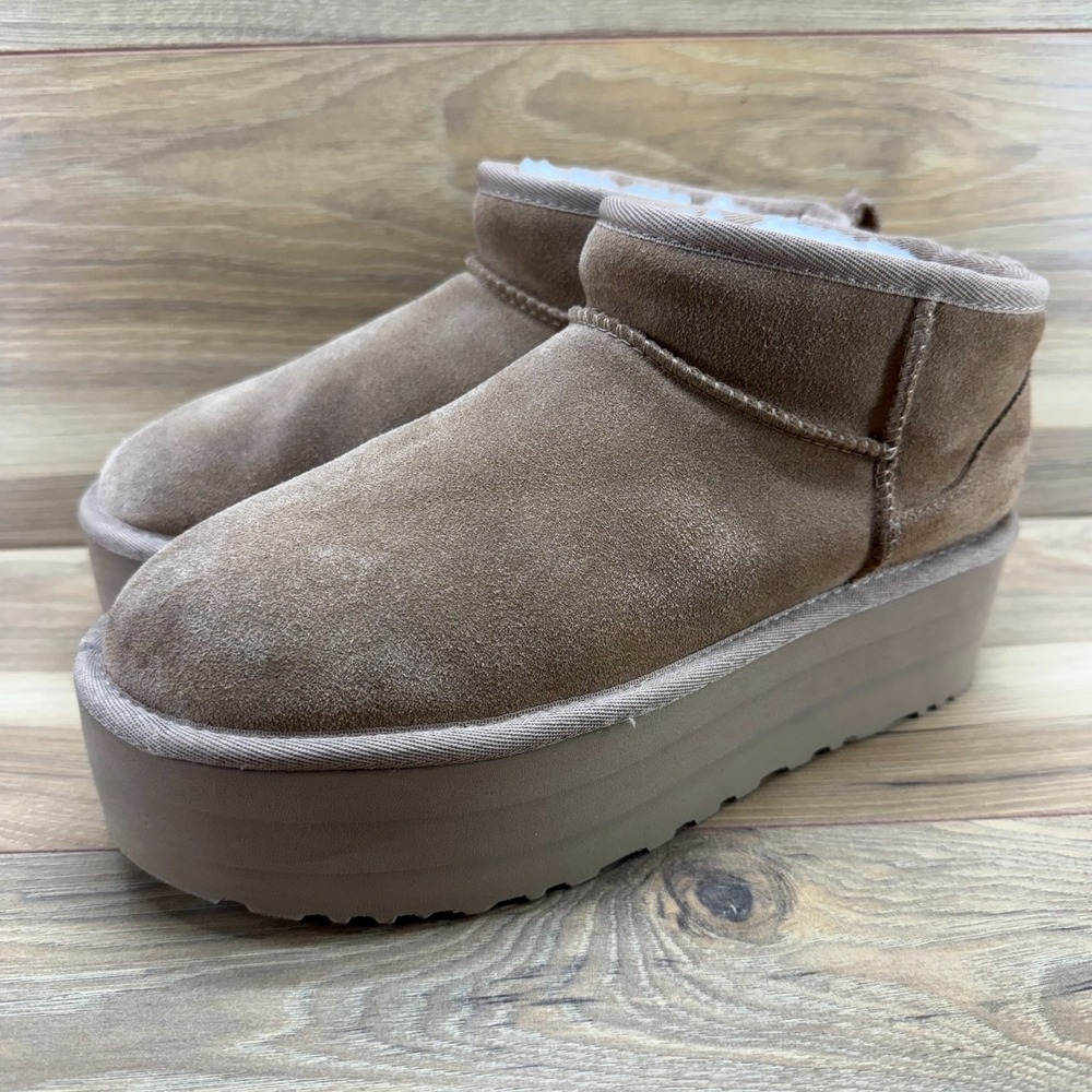 UGG Ultra Mini Platform Boot Womens 9 Chestnut Suede Sherpa Shearling Lined Cozy